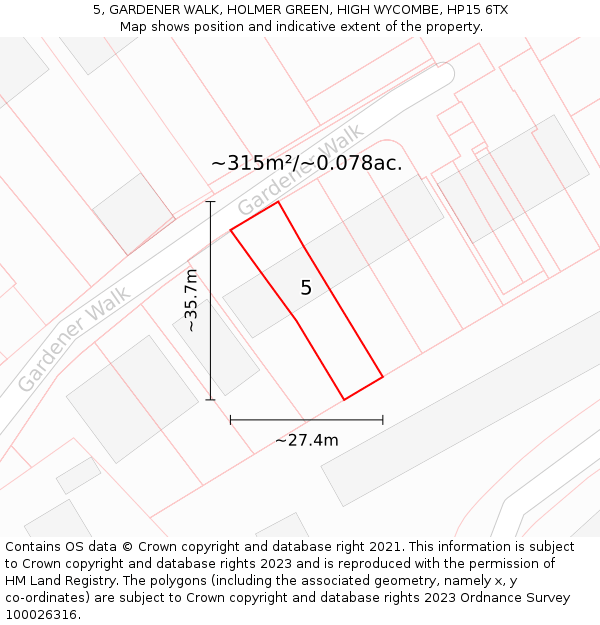 5, GARDENER WALK, HOLMER GREEN, HIGH WYCOMBE, HP15 6TX: Plot and title map