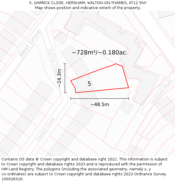 5, GARRICK CLOSE, HERSHAM, WALTON-ON-THAMES, KT12 5NY: Plot and title map