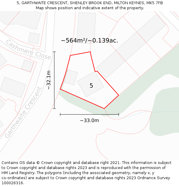 5, GARTHWAITE CRESCENT, SHENLEY BROOK END, MILTON KEYNES, MK5 7FB: Plot and title map