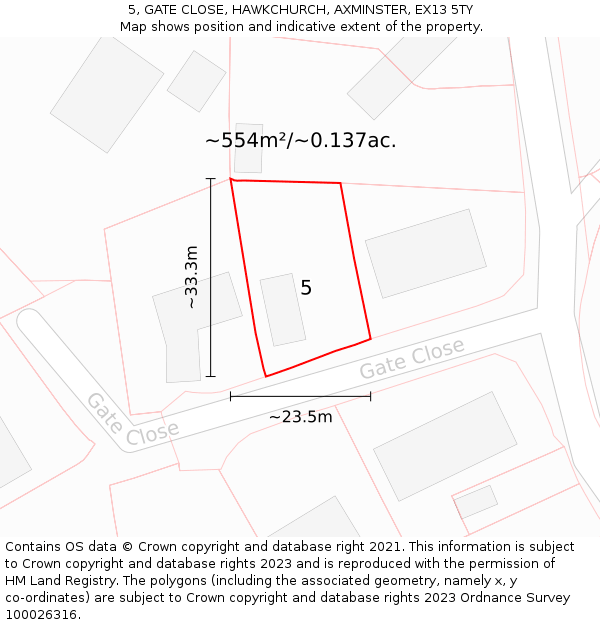 5, GATE CLOSE, HAWKCHURCH, AXMINSTER, EX13 5TY: Plot and title map