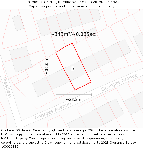 5, GEORGES AVENUE, BUGBROOKE, NORTHAMPTON, NN7 3PW: Plot and title map