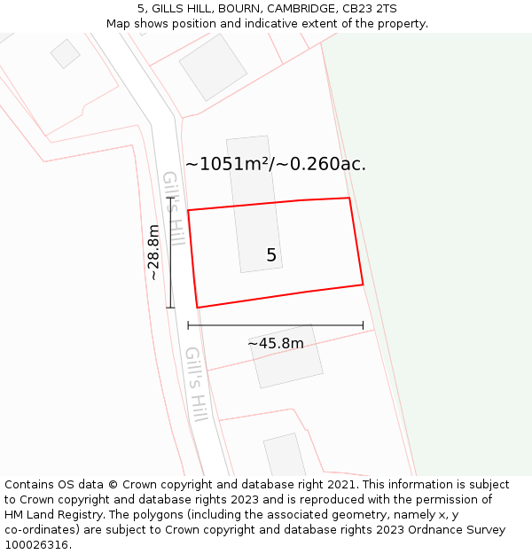 5, GILLS HILL, BOURN, CAMBRIDGE, CB23 2TS: Plot and title map