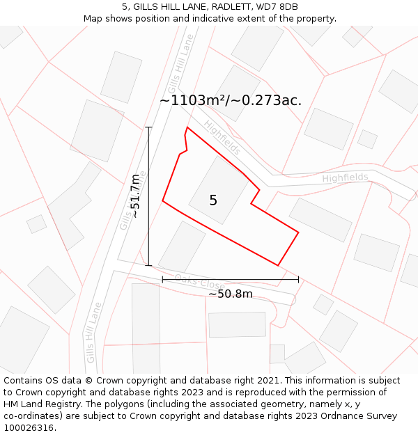 5, GILLS HILL LANE, RADLETT, WD7 8DB: Plot and title map