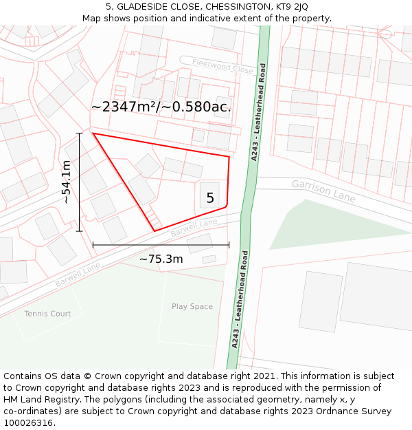 5, GLADESIDE CLOSE, CHESSINGTON, KT9 2JQ: Plot and title map