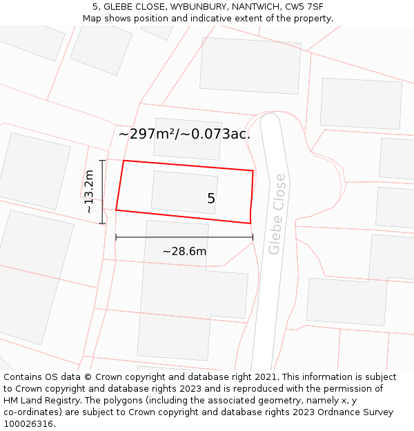 5, GLEBE CLOSE, WYBUNBURY, NANTWICH, CW5 7SF: Plot and title map