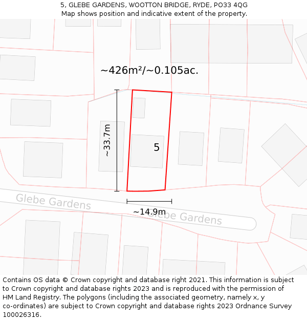 5, GLEBE GARDENS, WOOTTON BRIDGE, RYDE, PO33 4QG: Plot and title map