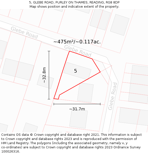 5, GLEBE ROAD, PURLEY ON THAMES, READING, RG8 8DP: Plot and title map