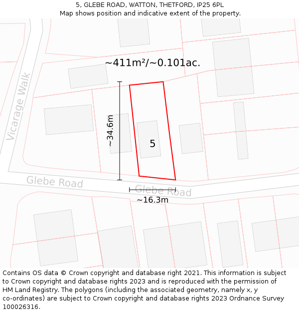 5, GLEBE ROAD, WATTON, THETFORD, IP25 6PL: Plot and title map