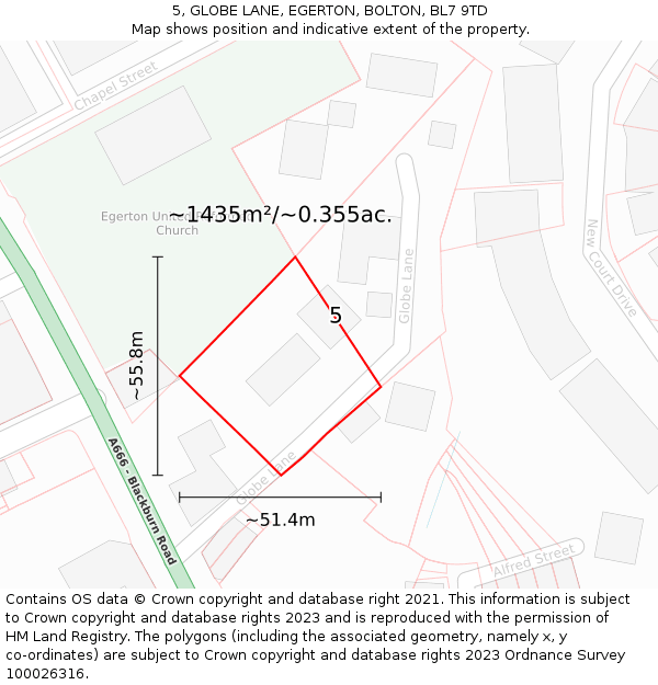 5, GLOBE LANE, EGERTON, BOLTON, BL7 9TD: Plot and title map