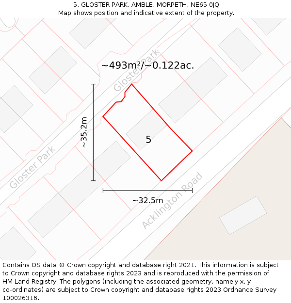 5, GLOSTER PARK, AMBLE, MORPETH, NE65 0JQ: Plot and title map