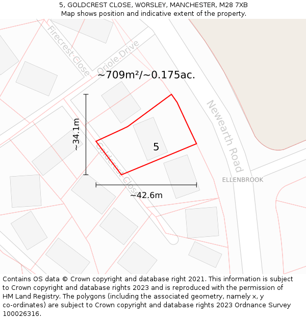 5, GOLDCREST CLOSE, WORSLEY, MANCHESTER, M28 7XB: Plot and title map