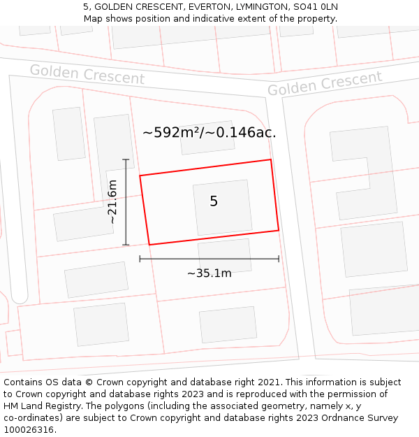 5, GOLDEN CRESCENT, EVERTON, LYMINGTON, SO41 0LN: Plot and title map