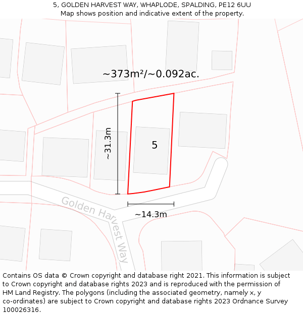 5, GOLDEN HARVEST WAY, WHAPLODE, SPALDING, PE12 6UU: Plot and title map