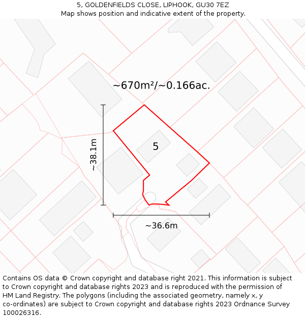 5, GOLDENFIELDS CLOSE, LIPHOOK, GU30 7EZ: Plot and title map