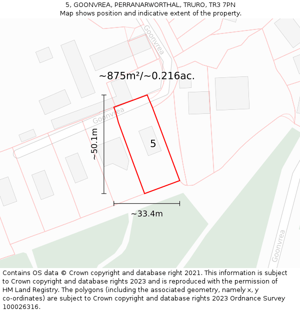 5, GOONVREA, PERRANARWORTHAL, TRURO, TR3 7PN: Plot and title map