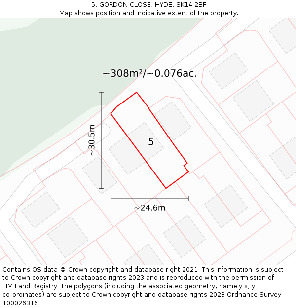 5, GORDON CLOSE, HYDE, SK14 2BF: Plot and title map