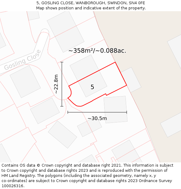 5, GOSLING CLOSE, WANBOROUGH, SWINDON, SN4 0FE: Plot and title map