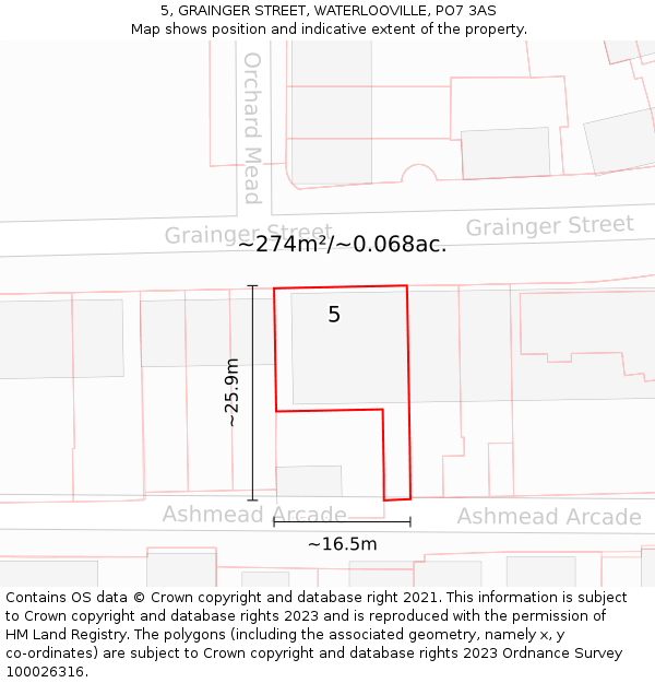 5, GRAINGER STREET, WATERLOOVILLE, PO7 3AS: Plot and title map