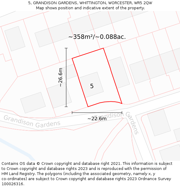 5, GRANDISON GARDENS, WHITTINGTON, WORCESTER, WR5 2QW: Plot and title map