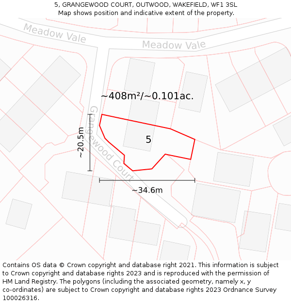 5, GRANGEWOOD COURT, OUTWOOD, WAKEFIELD, WF1 3SL: Plot and title map