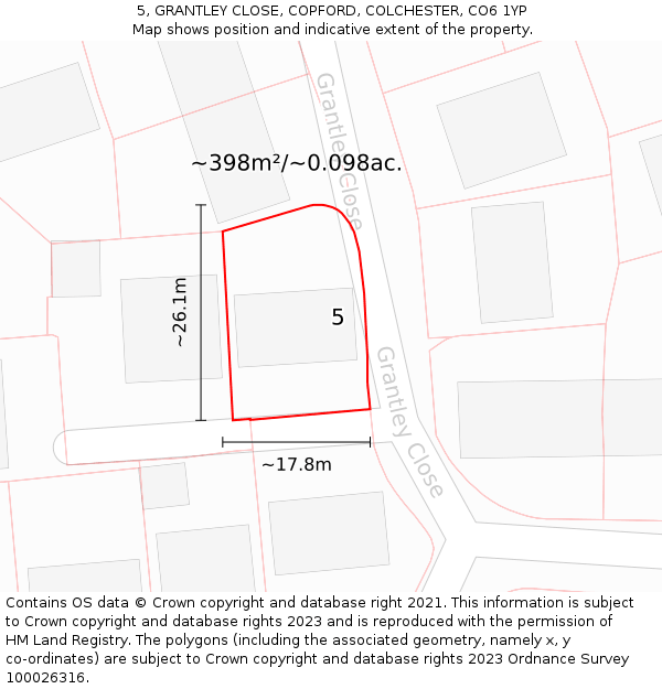 5, GRANTLEY CLOSE, COPFORD, COLCHESTER, CO6 1YP: Plot and title map