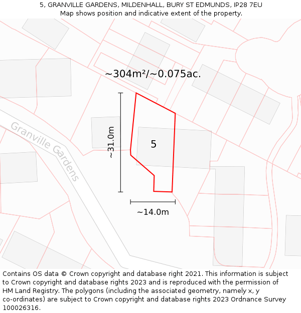 5, GRANVILLE GARDENS, MILDENHALL, BURY ST EDMUNDS, IP28 7EU: Plot and title map