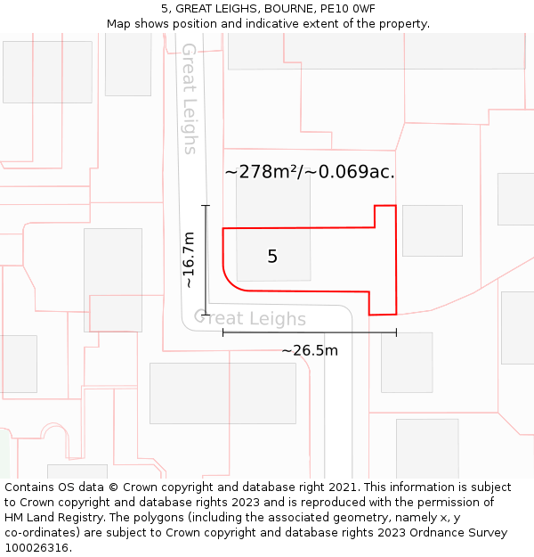 5, GREAT LEIGHS, BOURNE, PE10 0WF: Plot and title map