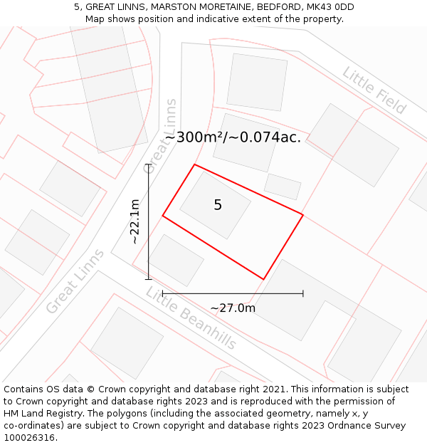 5, GREAT LINNS, MARSTON MORETAINE, BEDFORD, MK43 0DD: Plot and title map