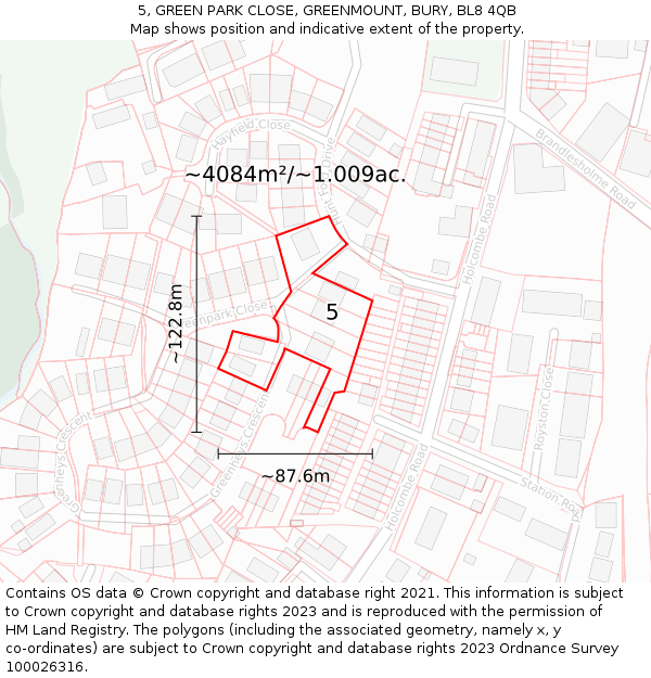 5, GREEN PARK CLOSE, GREENMOUNT, BURY, BL8 4QB: Plot and title map