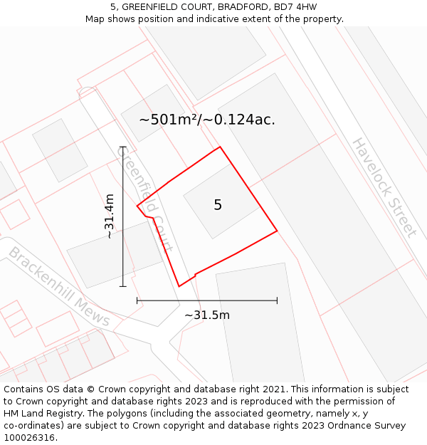 5, GREENFIELD COURT, BRADFORD, BD7 4HW: Plot and title map