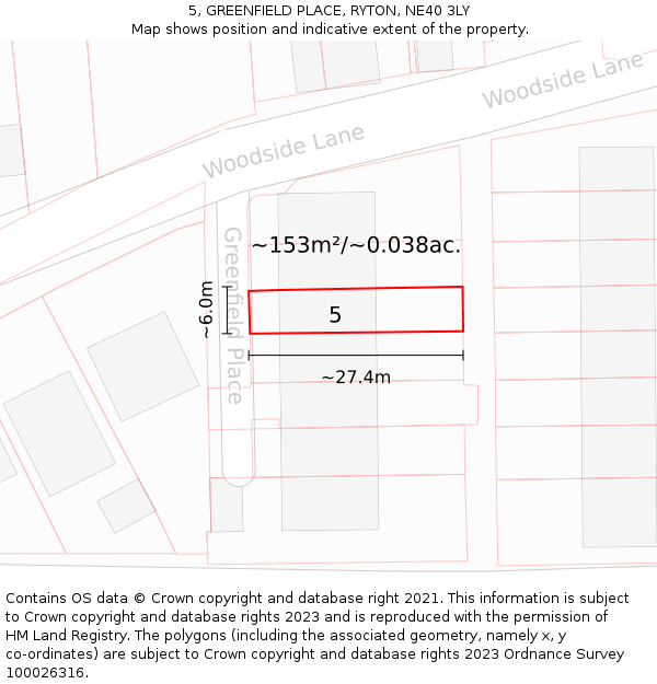 5, GREENFIELD PLACE, RYTON, NE40 3LY: Plot and title map