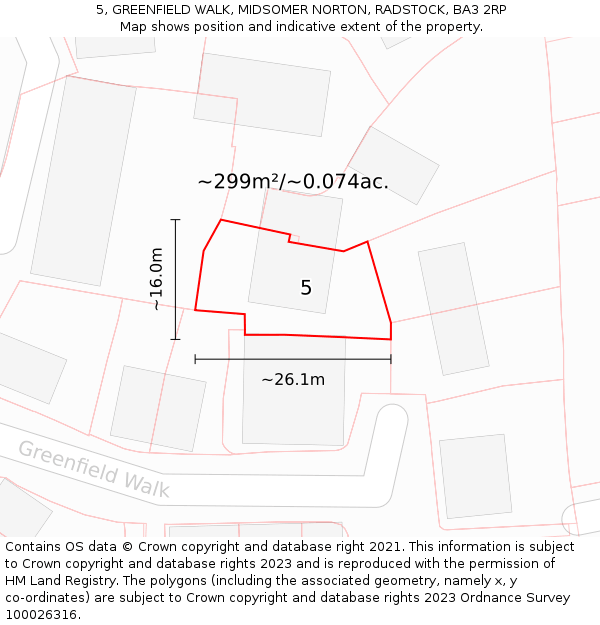 5, GREENFIELD WALK, MIDSOMER NORTON, RADSTOCK, BA3 2RP: Plot and title map