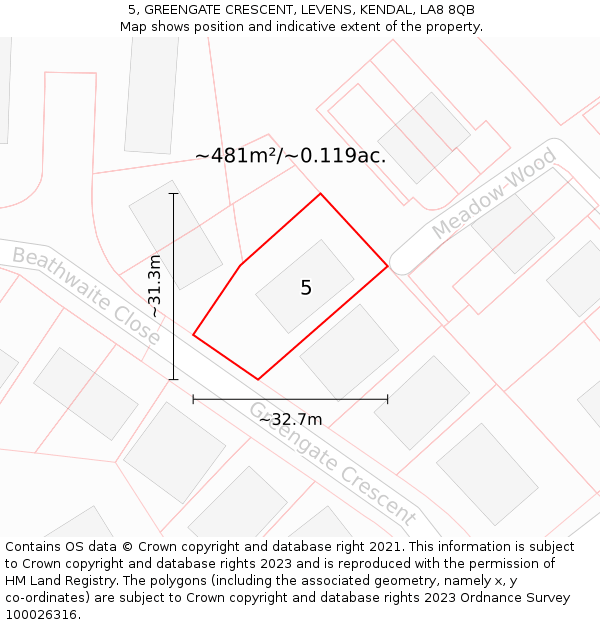5, GREENGATE CRESCENT, LEVENS, KENDAL, LA8 8QB: Plot and title map