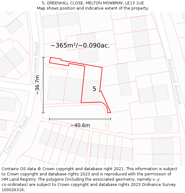 5, GREENHILL CLOSE, MELTON MOWBRAY, LE13 1UE: Plot and title map