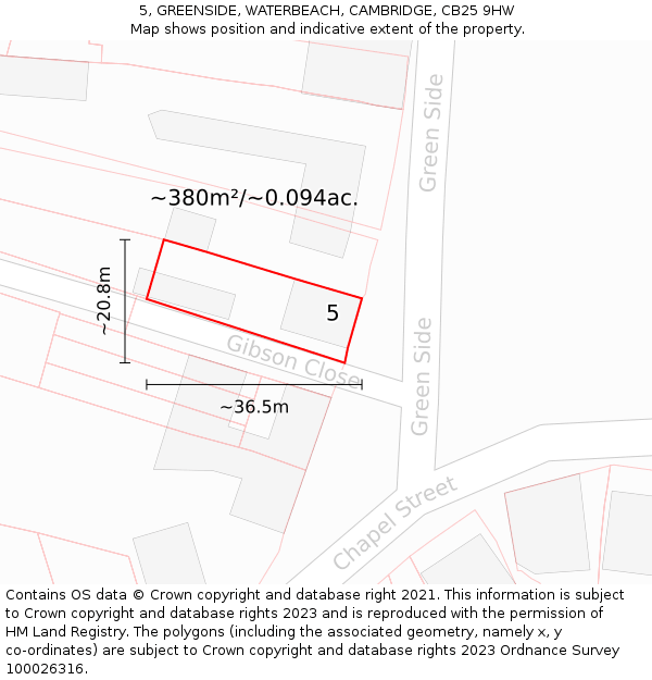 5, GREENSIDE, WATERBEACH, CAMBRIDGE, CB25 9HW: Plot and title map