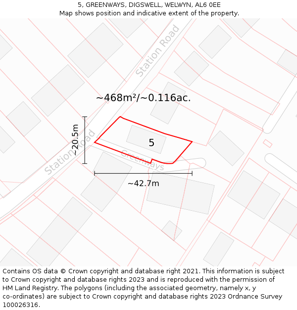5, GREENWAYS, DIGSWELL, WELWYN, AL6 0EE: Plot and title map