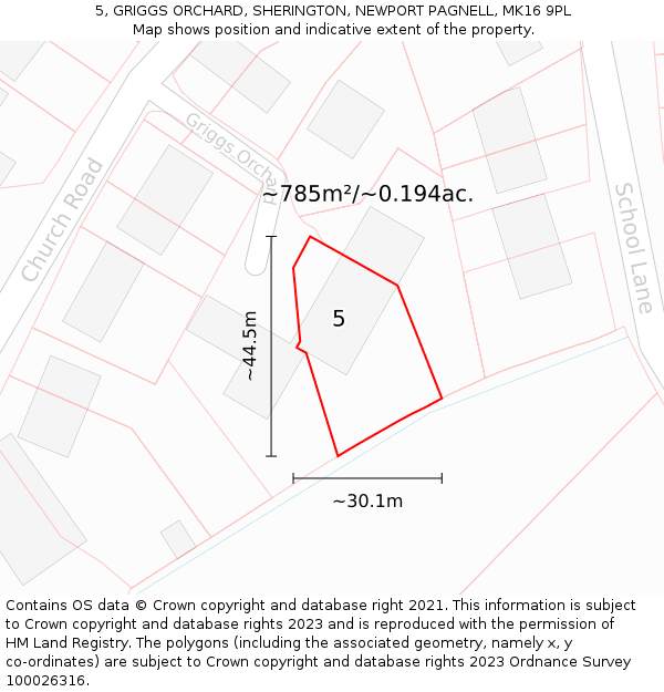 5, GRIGGS ORCHARD, SHERINGTON, NEWPORT PAGNELL, MK16 9PL: Plot and title map