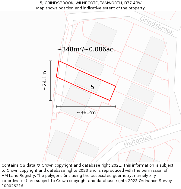 5, GRINDSBROOK, WILNECOTE, TAMWORTH, B77 4BW: Plot and title map