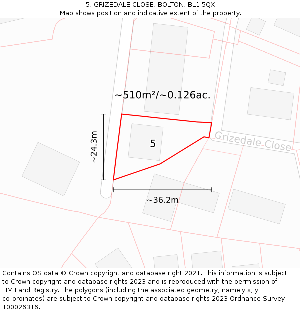 5, GRIZEDALE CLOSE, BOLTON, BL1 5QX: Plot and title map