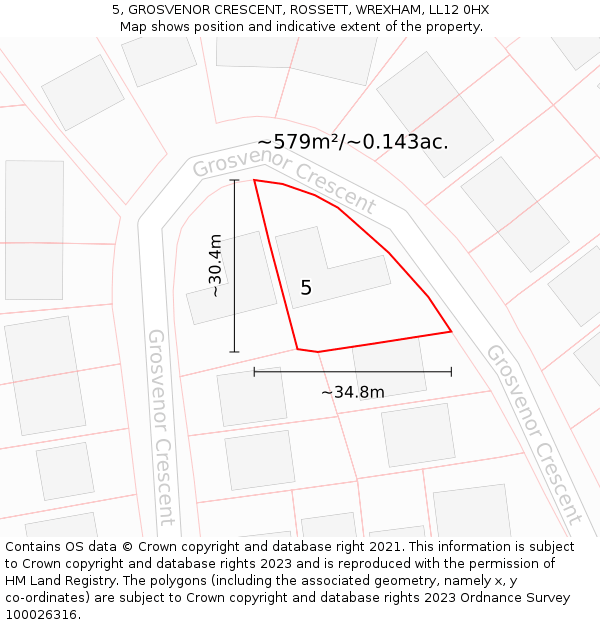 5, GROSVENOR CRESCENT, ROSSETT, WREXHAM, LL12 0HX: Plot and title map