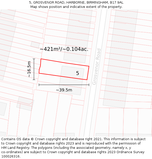 5, GROSVENOR ROAD, HARBORNE, BIRMINGHAM, B17 9AL: Plot and title map