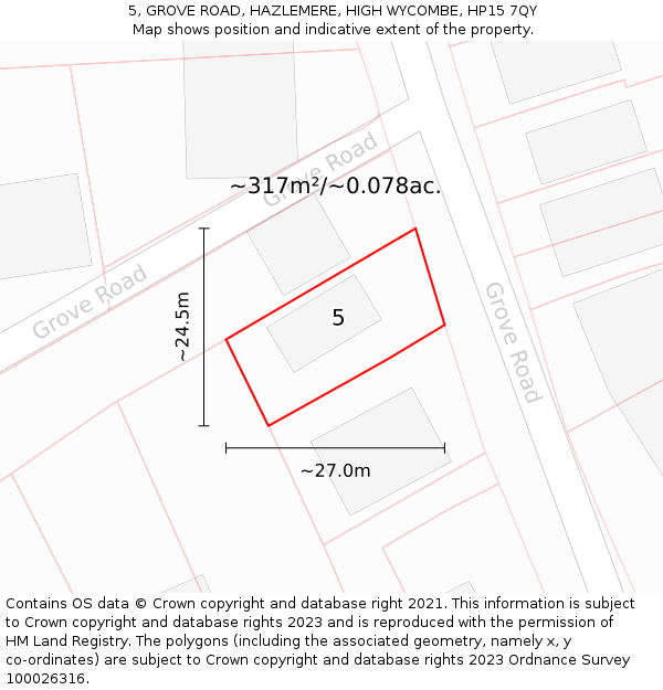 5, GROVE ROAD, HAZLEMERE, HIGH WYCOMBE, HP15 7QY: Plot and title map