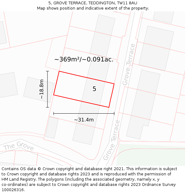 5, GROVE TERRACE, TEDDINGTON, TW11 8AU: Plot and title map