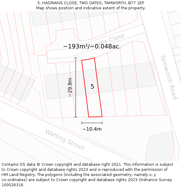 5, HADRIANS CLOSE, TWO GATES, TAMWORTH, B77 1EP: Plot and title map