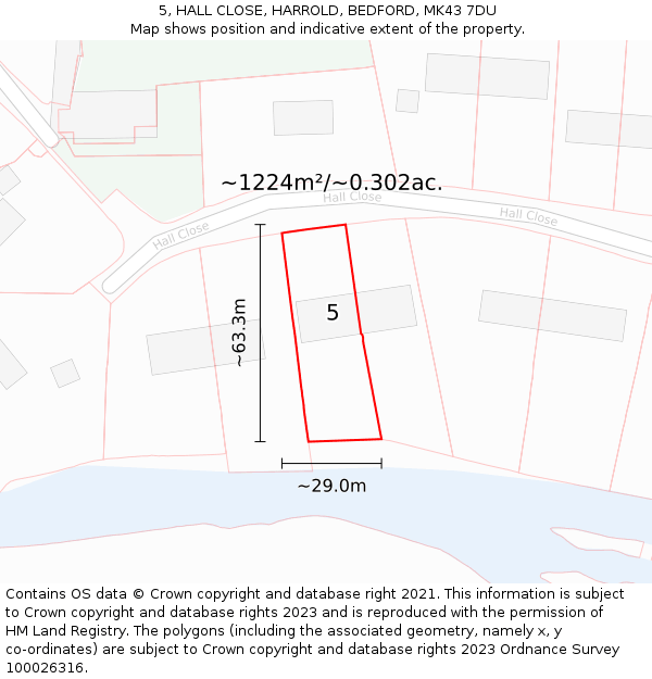 5, HALL CLOSE, HARROLD, BEDFORD, MK43 7DU: Plot and title map