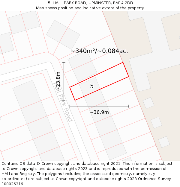 5, HALL PARK ROAD, UPMINSTER, RM14 2DB: Plot and title map