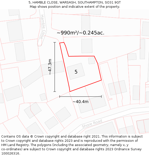 5, HAMBLE CLOSE, WARSASH, SOUTHAMPTON, SO31 9GT: Plot and title map