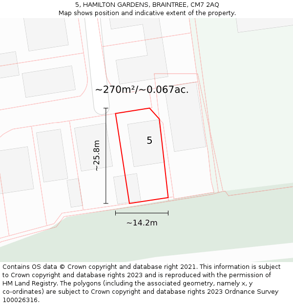 5, HAMILTON GARDENS, BRAINTREE, CM7 2AQ: Plot and title map