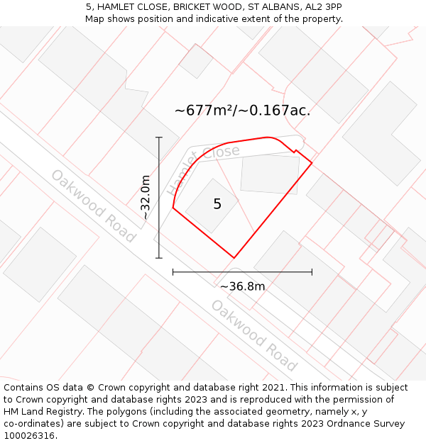 5, HAMLET CLOSE, BRICKET WOOD, ST ALBANS, AL2 3PP: Plot and title map