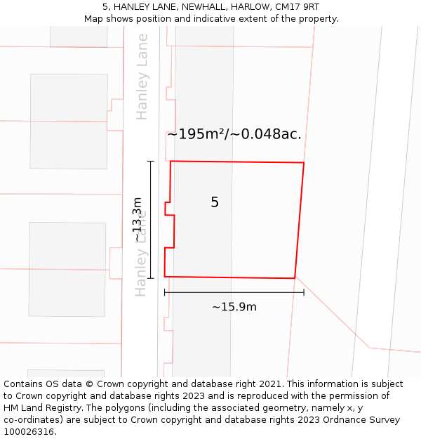 5, HANLEY LANE, NEWHALL, HARLOW, CM17 9RT: Plot and title map